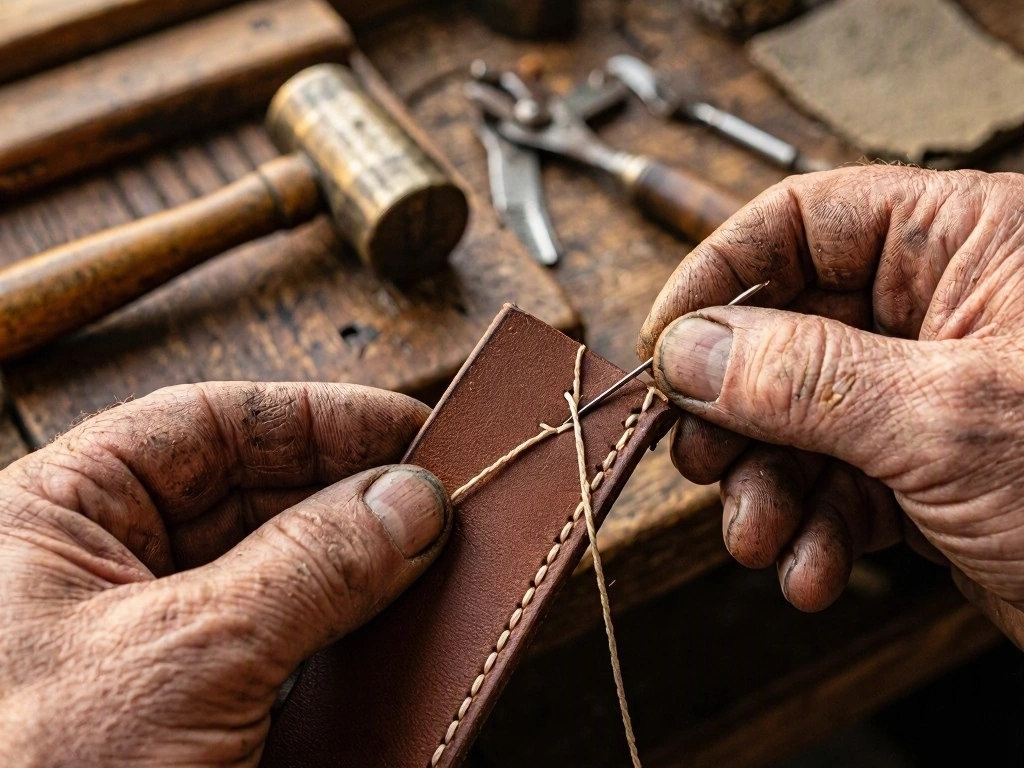 Manos de artesanos cosiendo un cinturón de cuero
